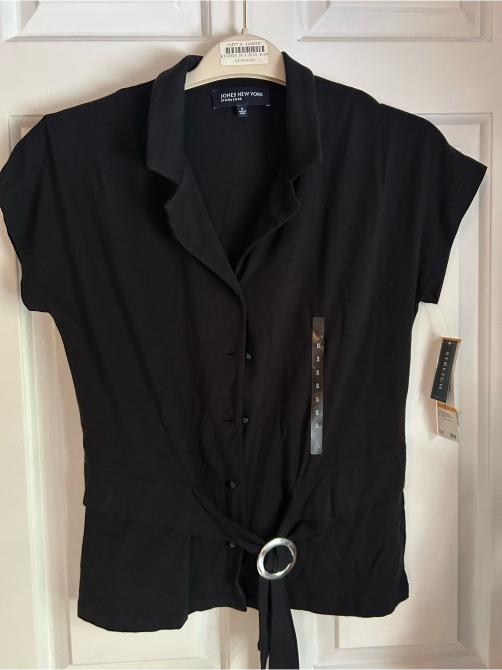 Jones New York Signature Black Cap Sleeve Button Front O-ring Wrap Top S